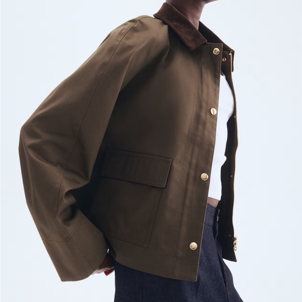 NWT H&M Jacket with Corduroy Collar XS Khaki - Picture 2 of 6